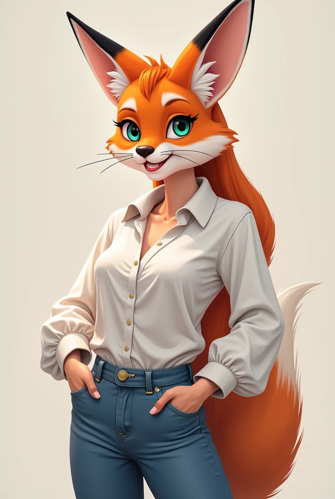 Female Furry Hybrid Rabbit with some red fox characteristics, with green and purple eyes with a smile on her face with a white blouse and jeans