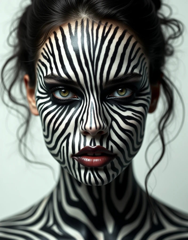a woman with a black and white pattern on her face, symmetrical portrait, 3D details, digital art --chaos 50 --ar 9:16 --stylize 100 --weird 1500