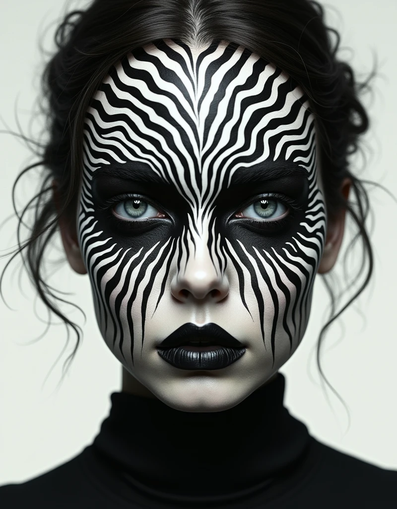 a woman with a black and white pattern on her face, symmetrical portrait, 3D details, digital art --chaos 50 --ar 9:16 --stylize 100 --weird 1500