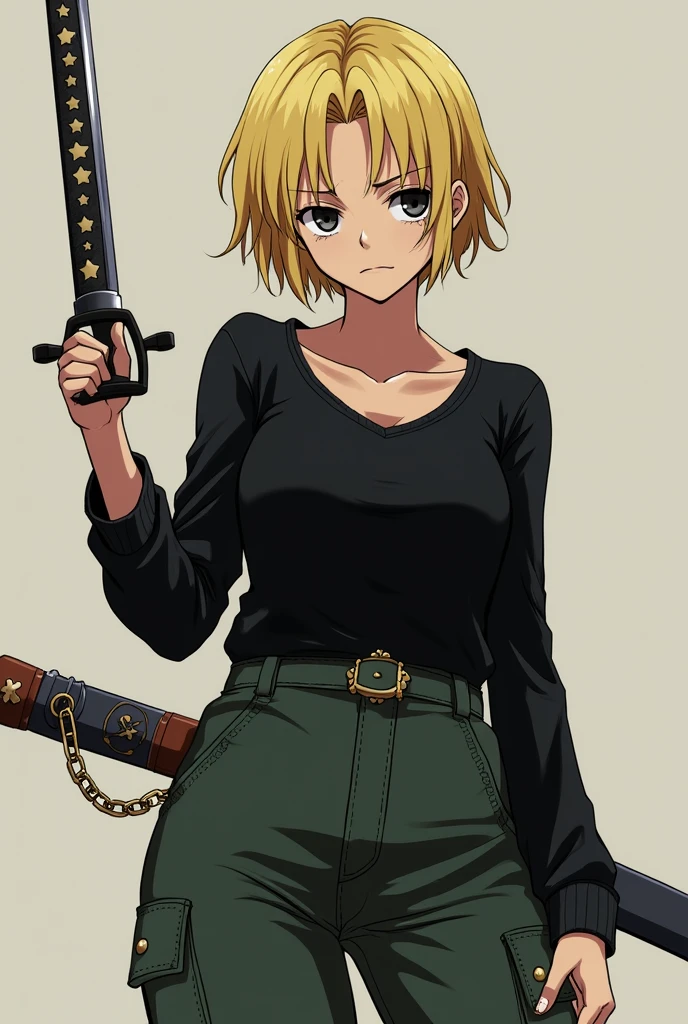 A female character from One Piece with short blonde hair almost like a boy's, eyes a little tired and black, blonde eyelashes, half serious and calm look, black long-sleeved blouse and dark green cargo pants. Wearing a katana in his hands with star decorations