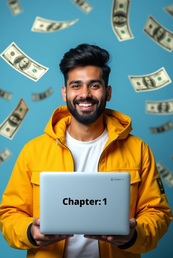 The image shows a young white handsome Indian man with small attractive black beard holding a laptop with the text "CHAPTER: 1" and chat gpt perfect and clear logo on the screen. He is wearing a yellow jacket and has a big smile on his face. The background is blue and there are dollar bills flying around him, suggesting that he is in the middle of a financial transaction. The text and logo on the laptop screen are in black and white. The overall mood of the image is cheerful and positive.