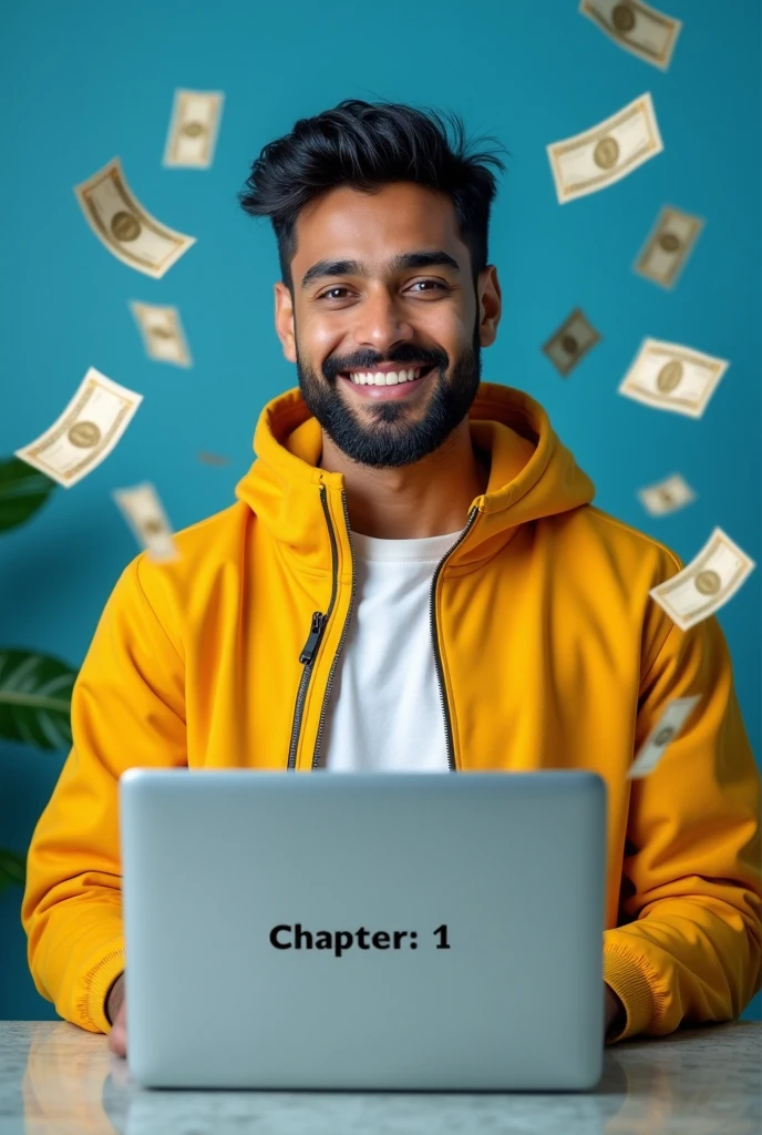 The image shows a young white handsome Indian man with small attractive black beard holding a laptop with the text "CHAPTER: 1" and chat gpt perfect and clear logo on the screen. He is wearing a yellow jacket and has a big smile on his face. The background is blue and there are dollar bills flying around him, suggesting that he is in the middle of a financial transaction. The text and logo on the laptop screen are in black and white. The overall mood of the image is cheerful and positive.