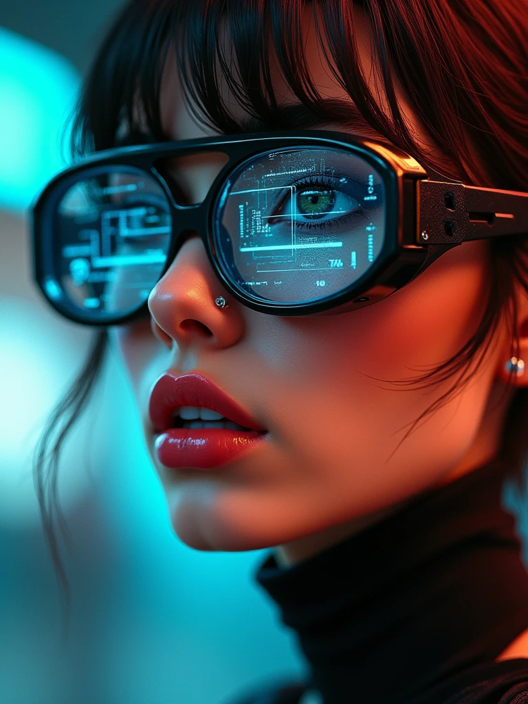 A beautiful woman wearing futuristic cyber glasses, portrait photograph, hyper-realistic digital art, cinematic lighting, close-up shot focusing on detailed face and shiny lips, cyber-punk aesthetic, holographic data display on glasses with visible text 'PIVARTS', 8K resolution, photorealistic 3D rendering, shallow depth of field, dramatic shadows and highlights, glossy textures, intricate details in skin and hair, high contrast, vibrant colors, lens flare effect, motion blur background, cybernetic implants subtly visible, ultra-sharp focus on eyes, metallic sheen on glasses frame, retouched for perfection, studio lighting setup, captured with high-end DSLR camera, post-processed in advanced 3D software for enhanced realism and depth.