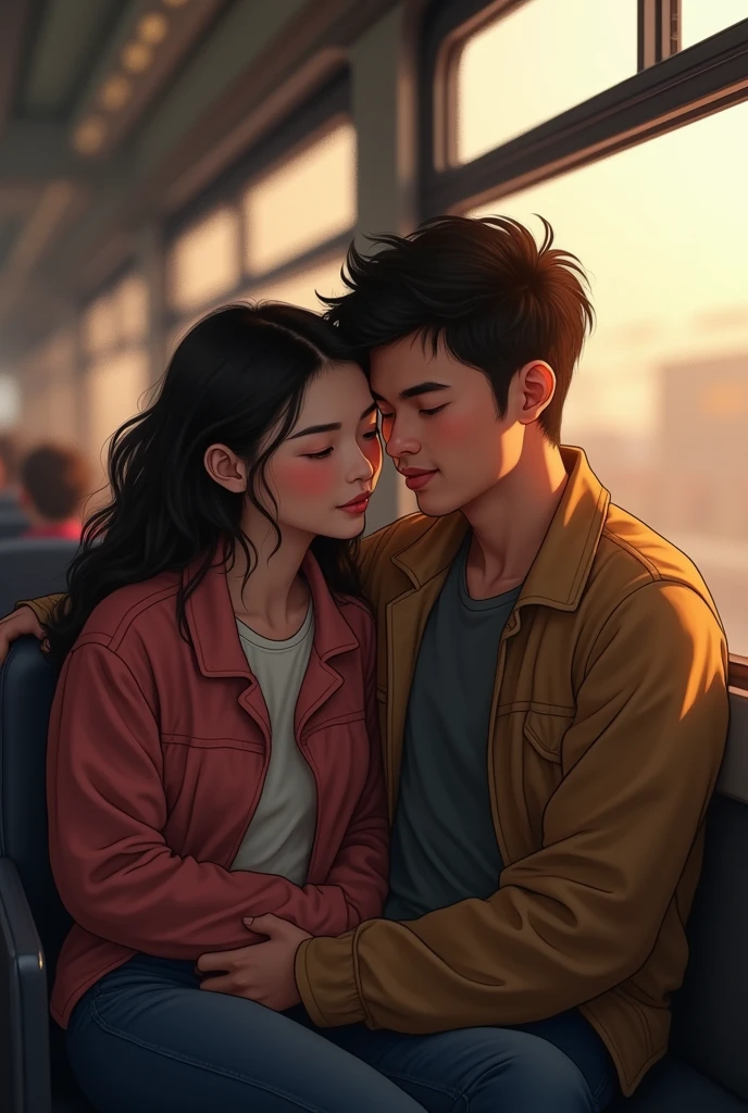 Me and my boyfriend in train
He is white Brazilian
I'm asian
Please
More human look
Wearing jacket and I relly on him