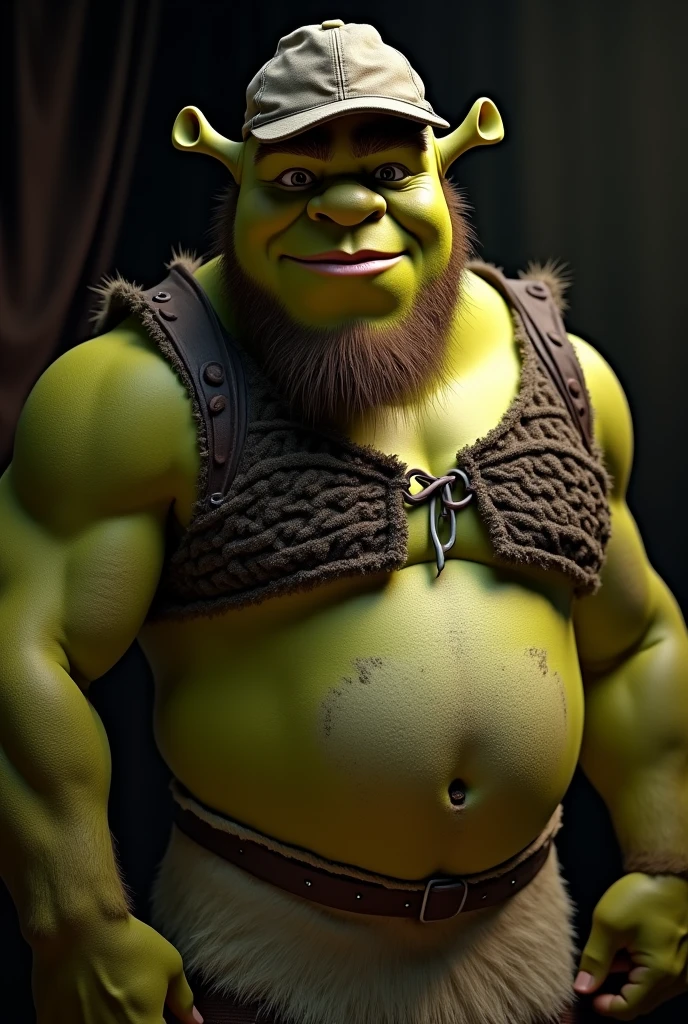 Shrek with facial hair wearing a trucker hat sexy shot upclose of his big butt wearing a thong