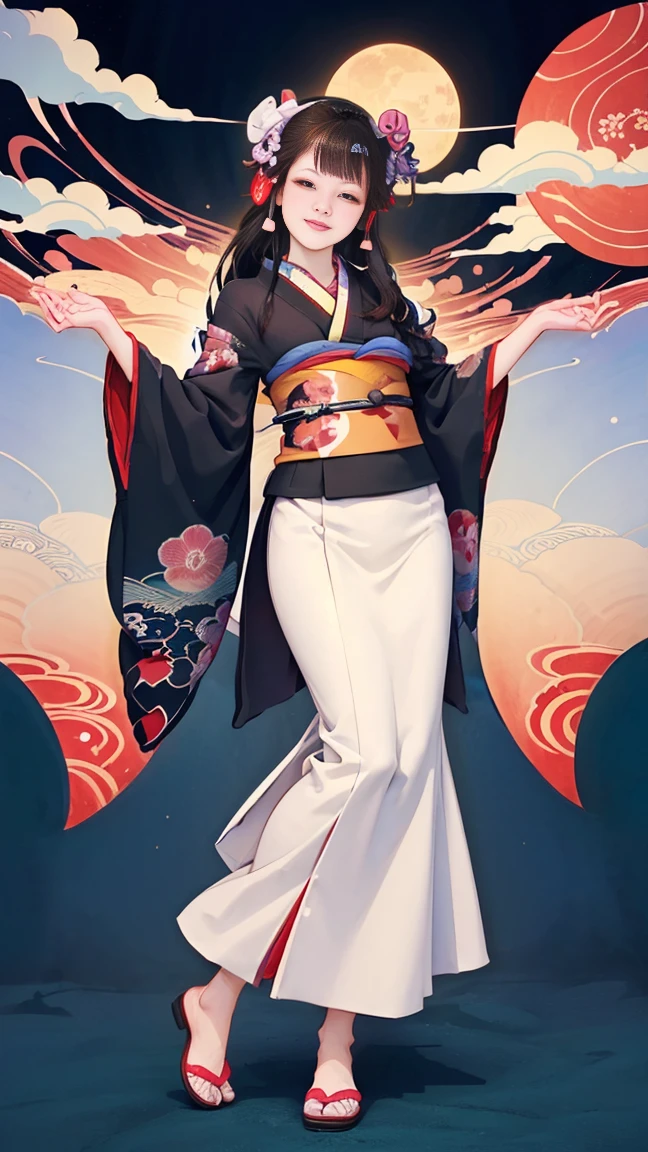 A beautiful woman smiles and shows her upper white teeth、Vividly colored Japanese Ukiyo-e style illustrations、(SeaArt creates stunning illustrations of beautiful women in kimono)、Brown-black long hair、Beautiful full body style、Let&#39;s dance a little Tokyo Ondo Yoiyoi、Beautiful new digital paintings,、Bright vibrant digital anime art、 Detailed digital anime art、 Beautiful anime portraits、background、Torii gate of a shrine in Kyoto, Japan、Detailed CG、