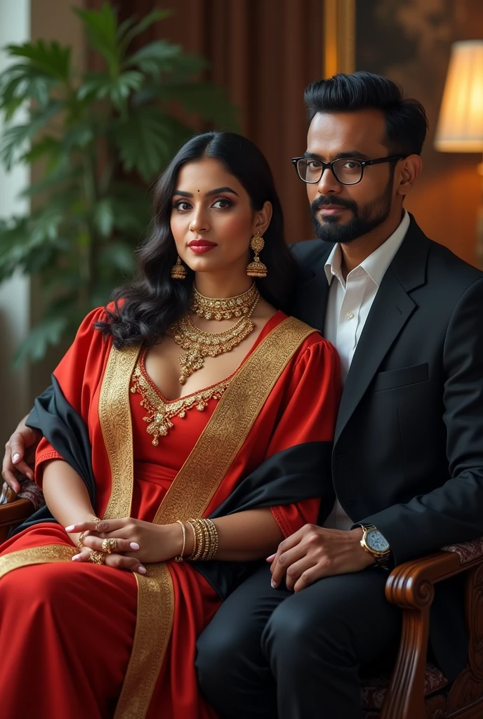 Wearing full body Academic regalia wealthy sri lankan average beautiful girl(very big large breasts and butt) sit in chair with sri lankan wealthy age 35 young spec's man (software,electrical,garments companies owner)