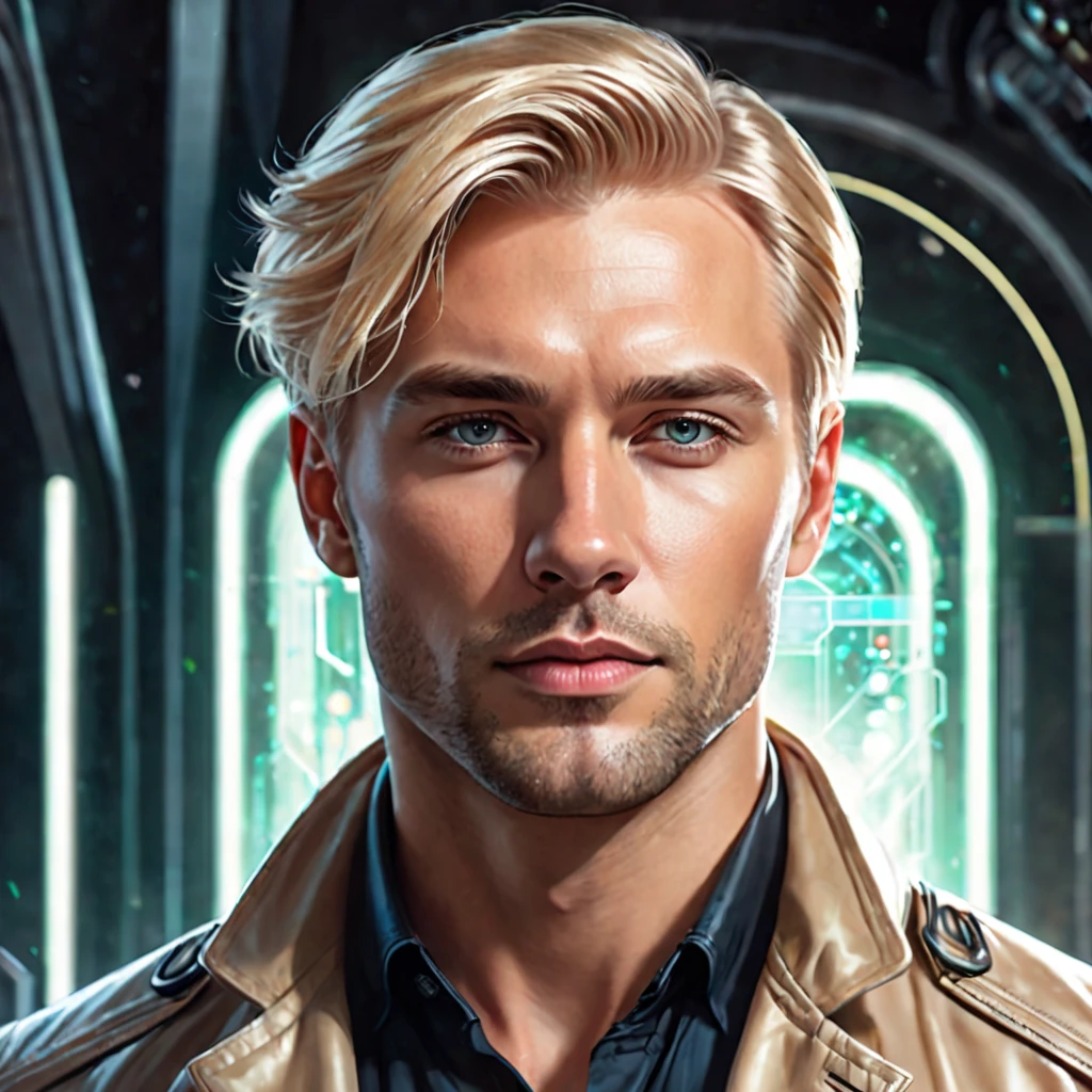 Semi realistic illustration portrait of handsome blond man, Without beard, thick complexion, Futuristic private detective and science fiction.
