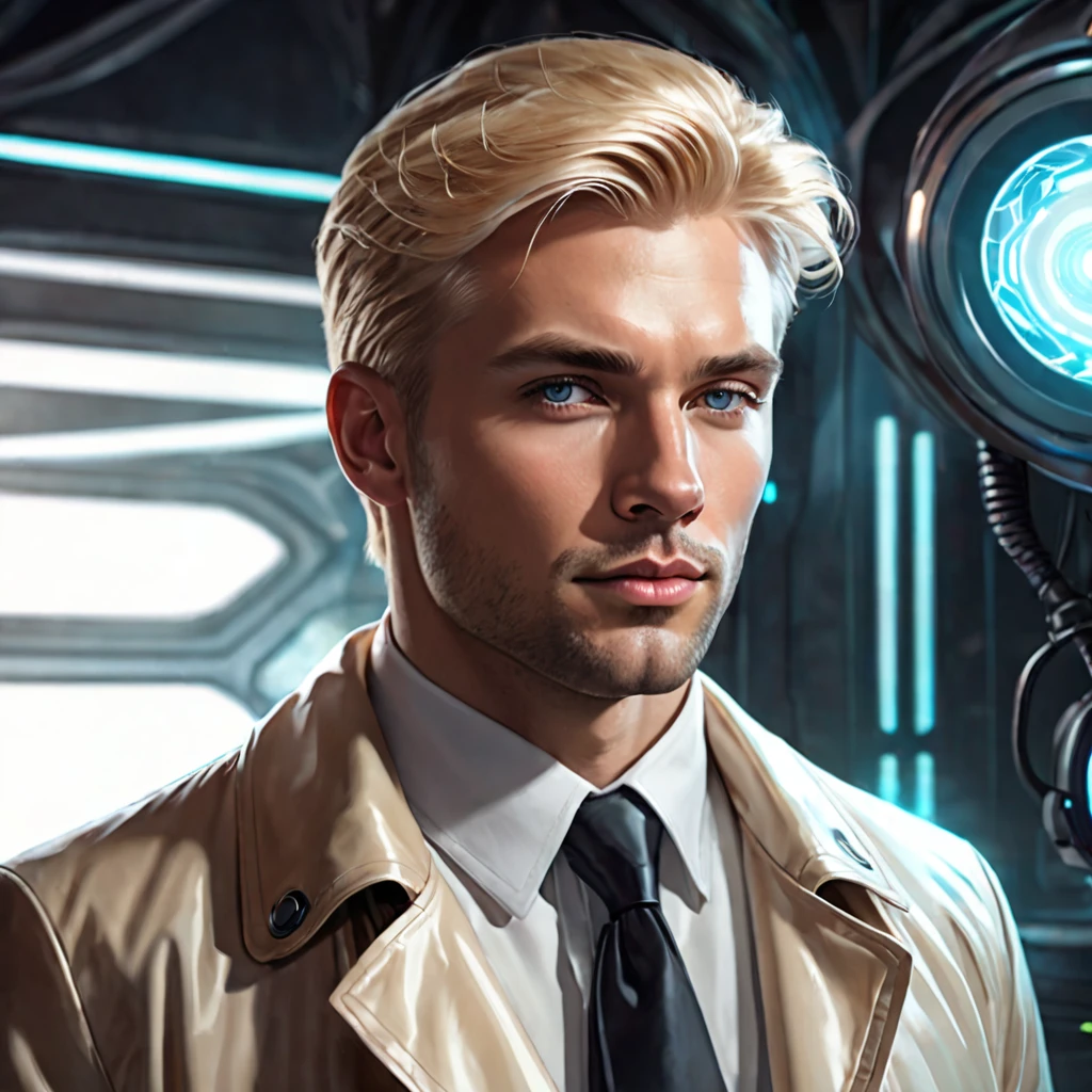 Semi realistic illustration portrait of handsome blond man, Without beard, thick complexion, Futuristic private detective and science fiction.