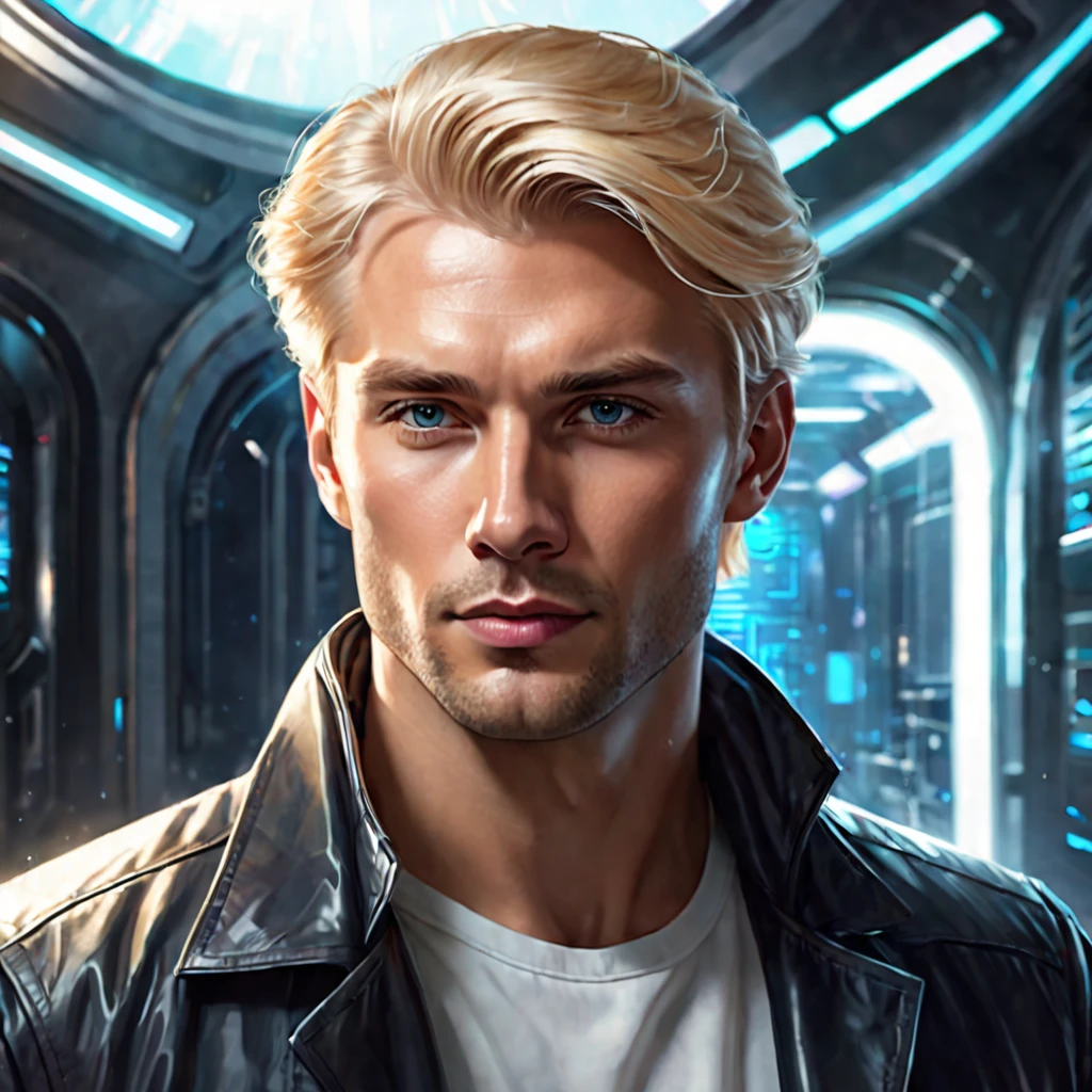 Semi realistic illustration portrait of handsome blond man, Without beard, thick complexion, Futuristic private detective and science fiction. 