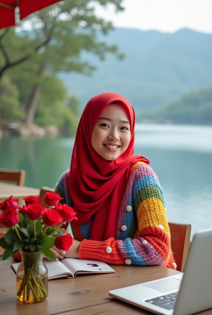 Beautiful Korean girl with white skin. Well-groomed face, rainbow red long hijab, rainbow red knitted hoodie, decorated with white and red polka dot motifs, rainbow red cargo pants, sitting in the cafe enjoying hot coffee, in front of the table there is an iPhone laptop and rainbow red roses in a flower pot , on the edge of the lake inside the cafe, with a background, a wide lake, with trees, mountains, original photo, realistic
