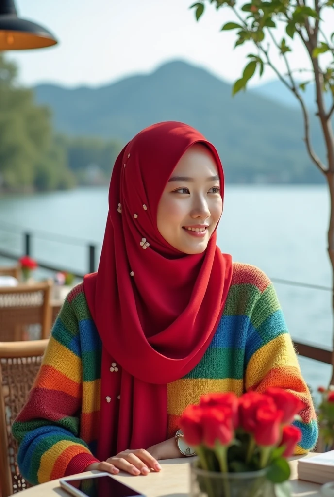 Beautiful Korean girl with white skin. Well-groomed face, rainbow red long hijab, rainbow red knitted hoodie, decorated with white and red polka dot motifs, rainbow red cargo pants, sitting in the cafe enjoying hot coffee, in front of the table there is an iPhone laptop and rainbow red roses in a flower pot , on the edge of the lake inside the cafe, with a background, a wide lake, with trees, mountains, original photo, realistic