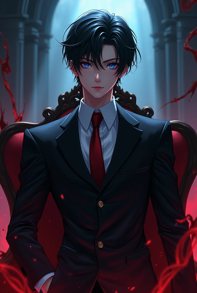 Anime supervillain, very attractive and handsome, with a sophisticated black suit with red details, Black hair and blue eyes, an evil look, with powers of darkness, about 3