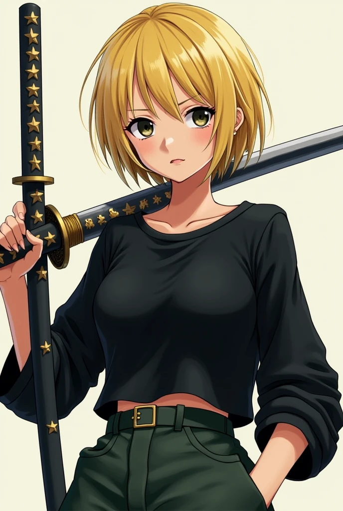 A female character from One Piece with short blonde hair almost like a boy's, eyes a little tired and black, blonde eyelashes, half serious and calm look, black long-sleeved blouse and dark green cargo pants. Wearing a katana in his hands with star decorations