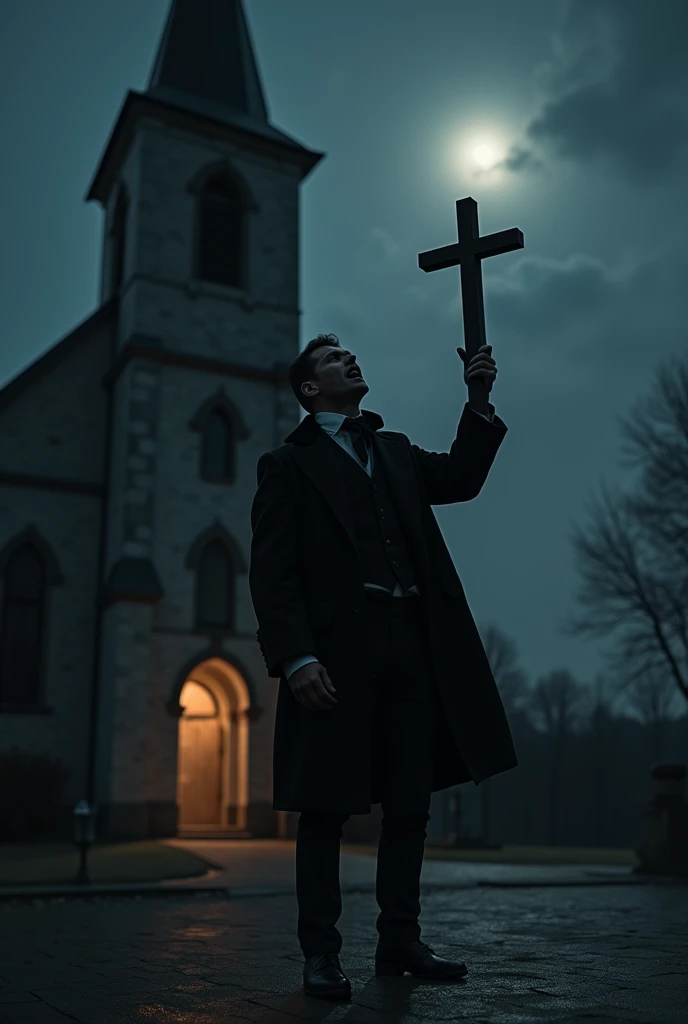 Scared 1 man clutching a cross outside a church at night in 19th century clothing