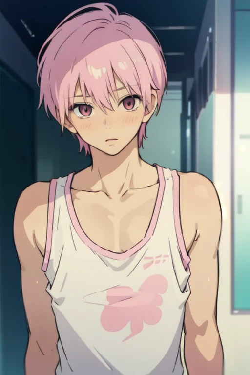 masterpiece, best quality, , 1boy, solo, male focus, looking at viewer, upper body, depth of field, pastel pink hair, pastel pink innocent eyes, tank top, manwha style, anime style