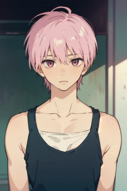 masterpiece, best quality, , 1boy, solo, male focus, looking at viewer, upper body, depth of field, pastel pink hair, pastel pink innocent eyes, tank top, manwha style, anime style