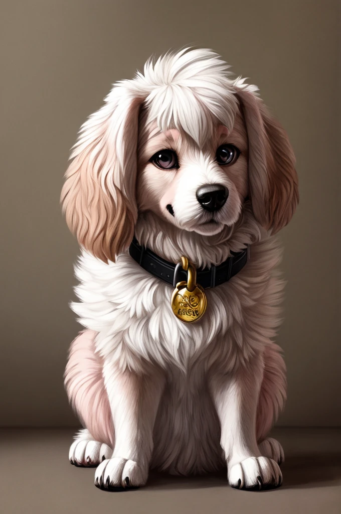 ((best quality)), ((masterpiece)), (detailed), perfect face, Cute, anthropomorphic, Goldendoodle, dog, female, black and white fur, 2, pink dog collar, full body