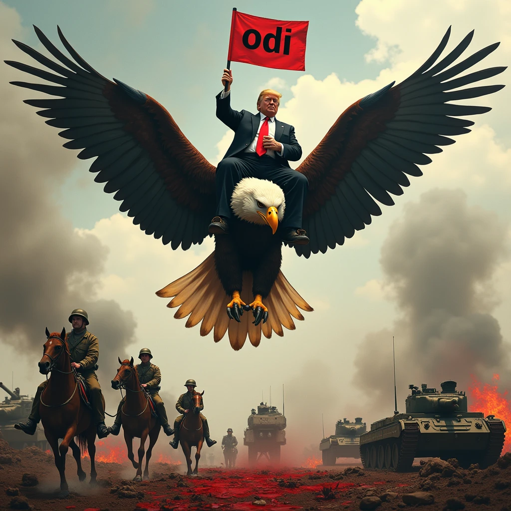 Donald Trump and Che Guevara riding an eagle holding a sign that says ODI in capital letters, in the middle of a battle of the first world war, with soldiers, horses and tanks, blood and explosions 