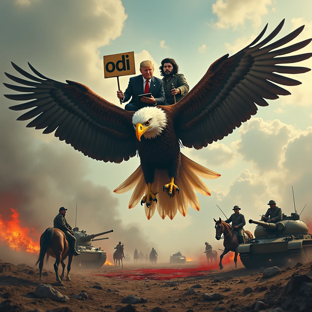 Donald Trump and Che Guevara riding an eagle holding a sign that says ODI in capital letters, in the middle of a battle of the first world war, with soldiers, horses and tanks, blood and explosions 