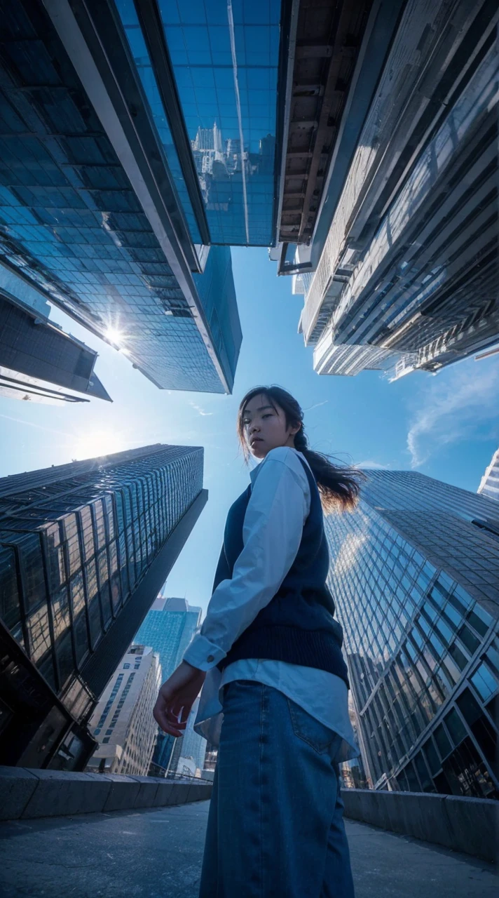 (Low Angle Shot, from below), 1 Korean girl in casual clothes, In the city, shooting skyscrapers from a low angle captures the reflection of sunlight on the surface of the building and the silhouette of the tall buildings against the blue sky, showing the splendor of the city, charming chiaroscuro, dynamic movement, (special effects: 0.1), full body, award-winning, cinematic stills, emotional, sketch, dynamic, vivid, (masterpiece, top quality, photorealistic, Professional, perfect composition, very aesthetic, unreasonable details, very detailed and intricate