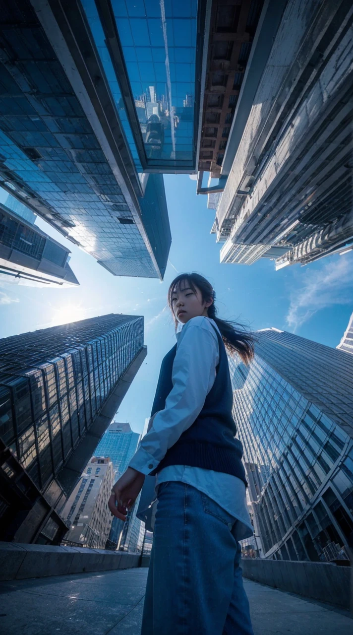 (Low Angle Shot, from below), 1 Korean girl in casual clothes, In the city, shooting skyscrapers from a low angle captures the reflection of sunlight on the surface of the building and the silhouette of the tall buildings against the blue sky, showing the splendor of the city, charming chiaroscuro, dynamic movement, (special effects: 0.1), full body, award-winning, cinematic stills, emotional, sketch, dynamic, vivid, (masterpiece, top quality, photorealistic, Professional, perfect composition, very aesthetic, unreasonable details, very detailed and intricate