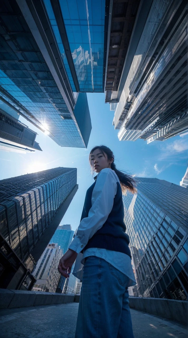 (Low Angle Shot, from below), 1 Korean girl in casual clothes, In the city, shooting skyscrapers from a low angle captures the reflection of sunlight on the surface of the building and the silhouette of the tall buildings against the blue sky, showing the splendor of the city, charming chiaroscuro, dynamic movement, (special effects: 0.1), full body, award-winning, cinematic stills, emotional, sketch, dynamic, vivid, (masterpiece, top quality, photorealistic, Professional, perfect composition, very aesthetic, unreasonable details, very detailed and intricate