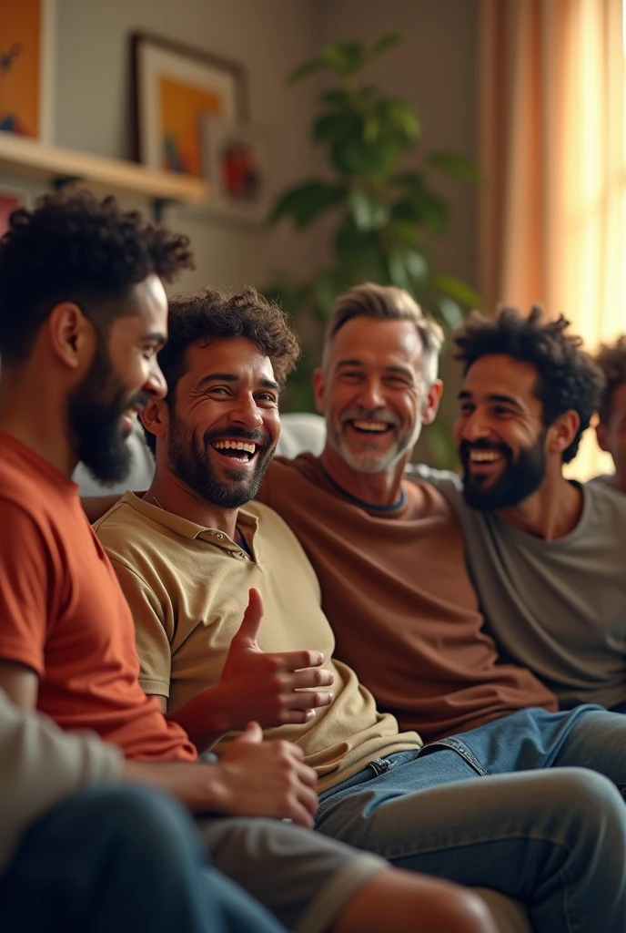 six diverse guys in a couch laughing