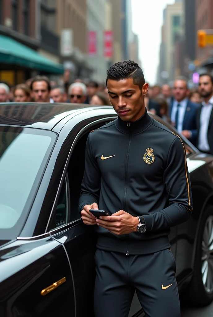 Cristiano Ronaldo sur les rues de new York , porte un survêtement de real madrid noir,avec un cortège des voitures de luxes et les gens le film et il souris,manipule sont téléphone,assise à l'intérieur sa voitures