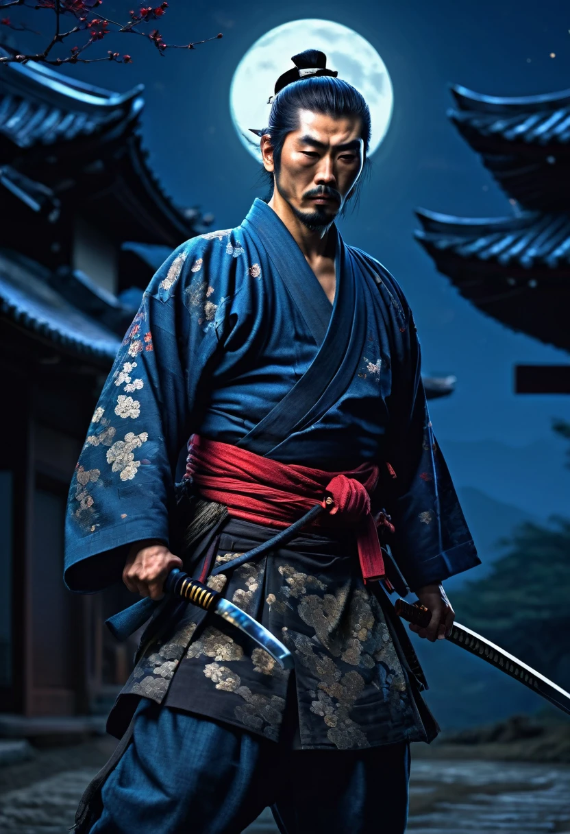 a melancholy japanese ronin wandering at night, (1 man, solo, dramatic pose, detailed face, eyes closed, detailed clothing, katana, , feudal japan, moonlight, moody lighting, vibrant colors, highly detailed, cinematic, masterpiece:1.2),(intricate, ornate, digital painting, concept art, hyper detailed, photorealistic, 8k, hdr, dramatic lighting)