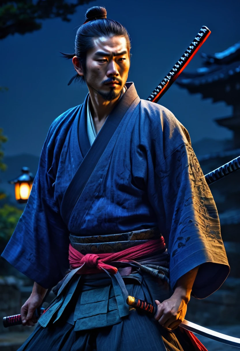 a melancholy japanese ronin wandering at night, (1 man, solo, dramatic pose, detailed face, eyes closed, detailed clothing, katana, , feudal japan, moonlight, moody lighting, vibrant colors, highly detailed, cinematic, masterpiece:1.2),(intricate, ornate, digital painting, concept art, hyper detailed, photorealistic, 8k, hdr, dramatic lighting)