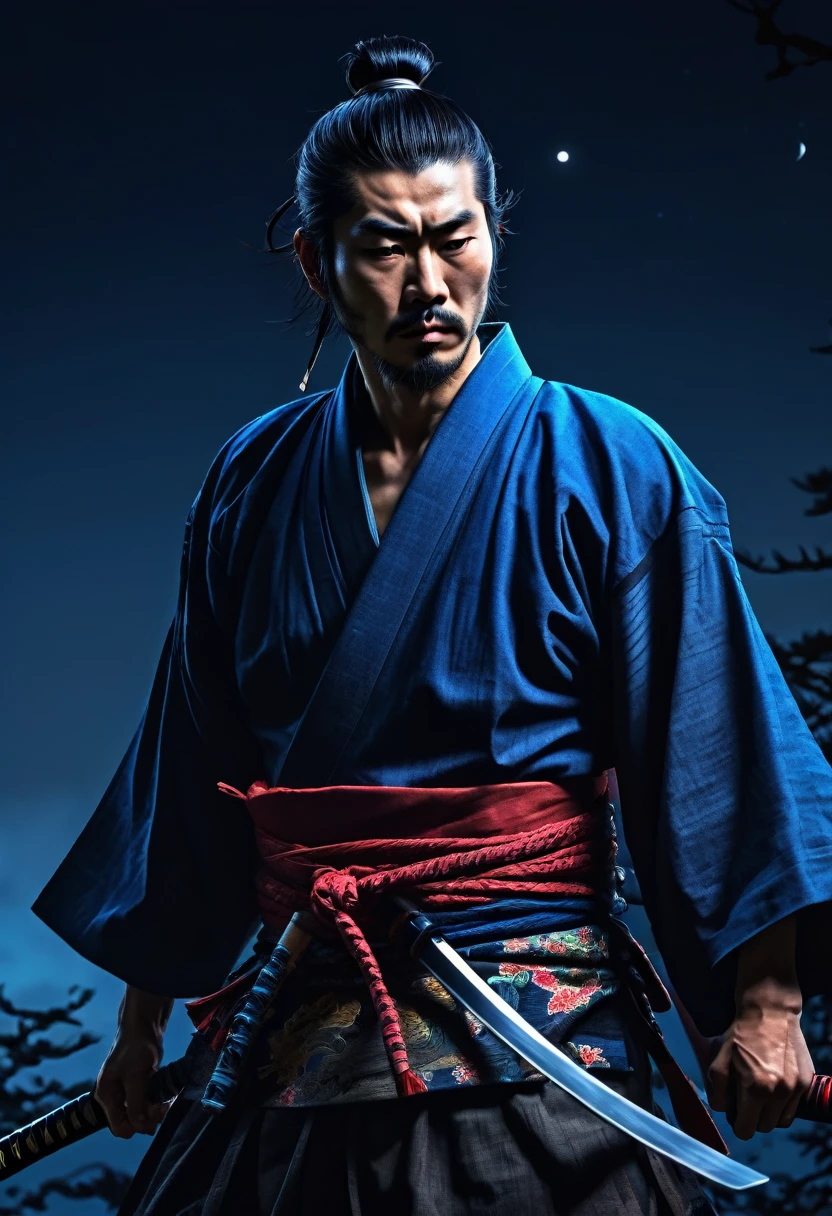 a melancholy japanese ronin wandering at night, (1 man, solo, dramatic pose, detailed face, eyes closed, detailed clothing, katana, , feudal japan, moonlight, moody lighting, vibrant colors, highly detailed, cinematic, masterpiece:1.2),(intricate, ornate, digital painting, concept art, hyper detailed, photorealistic, 8k, hdr, dramatic lighting)