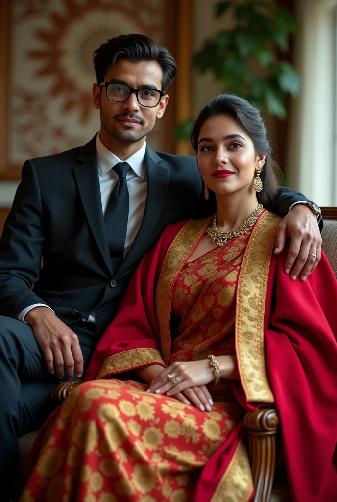  Wearing full body  Academic regalia  wealthy sri lankan average beautiful girl(very big  large breasts and butt) sit in chair with sri lankan wealthy age 35 young spec's man (software,electrical,garments companies owner)