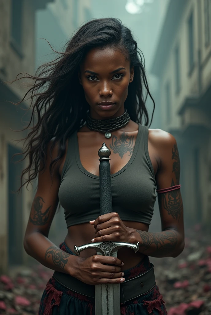 Hellish Scenery, badass, pretty black woman, hair down, modern clothing, tank top, bloodied, tattoos, holding a sword ready to fight, silver blade shining, facing me, stern but determined look, close up, photo-realistic, intricate details, high-quality, HD,
