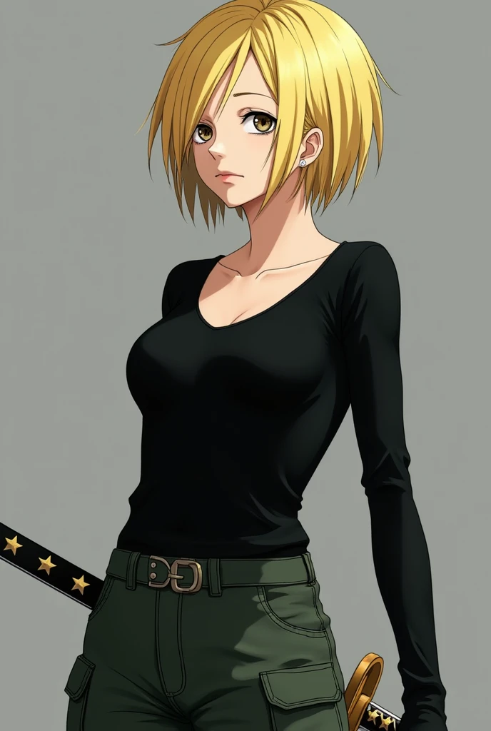 A female character from One Piece with short blonde hair almost like a boy&#39;s, eyes a little tired and black, blonde eyelashes, half serious and calm look, black long-sleeved blouse and dark green cargo pants. Wearing a katana in his hands with star decorations