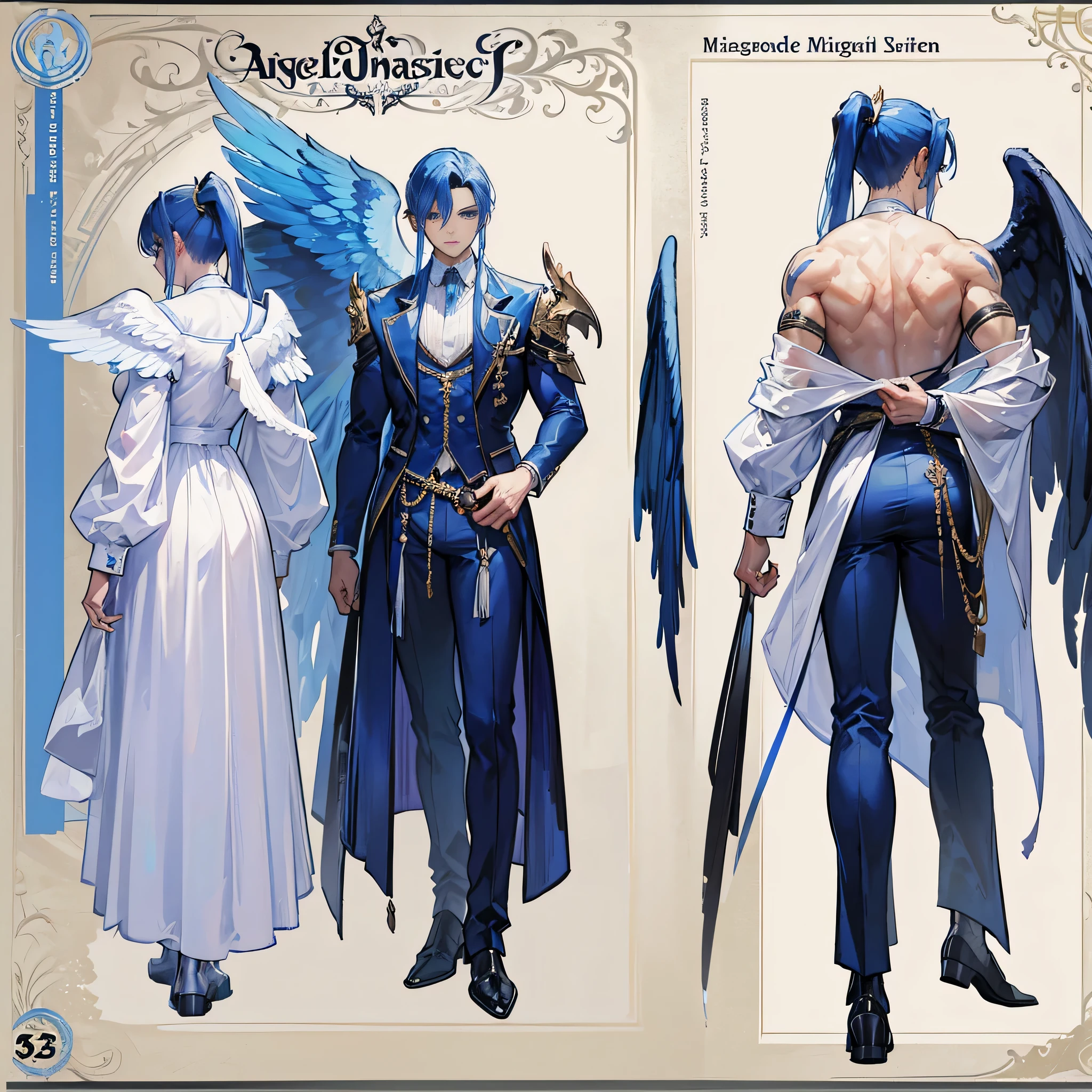 (Masterpiece, best quality), detailed, 1 man, ((character concept art)), ((character design sheet, same character, front, side, back)), full body, body complete, 1 Male angel, 1 Man angel, Detailed face, character design sheet,full bodyesbian, Highly detailed, character sheet, character design, Many parts, dark skin, angel wings, long ponytail blue hair, angel outfit, muscle male god, male clothes, masculine, muscle man, male muscle, manly, male angel, Muscle male with long ponytail blue hair,beautiful man, beautiful muscle man