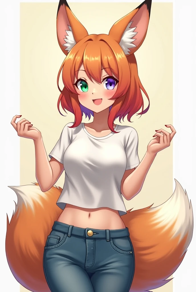 Female Furry Hybrid Rabbit with some red fox characteristics, with green and purple eyes with a smile on her face with a white blouse and jeans anime panel