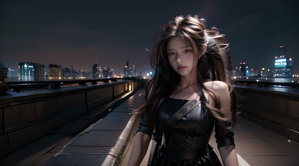 ((masterpiece, best quality, Highest image quality, high resolution, Reality, RAW photos, 8K)), Bustling future city night scene，Standing on the roof, hair flowing，Pretty face，Closed mouth，dramatic，Upper Body，（midnight），individual