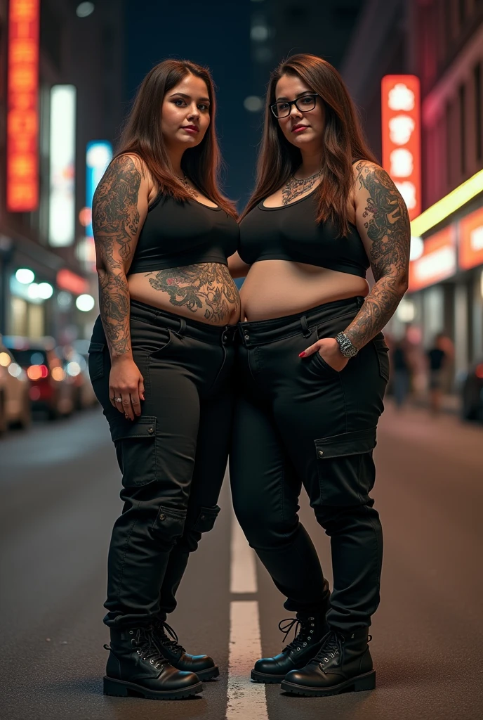 Short 4’11, chubby, large breasts,large butt, large thighs, 2 woman with black glasses, long brown hair, covered in tattoos, wearing black cargo pants, a black tank top and combat boots, standing alone on a city street at night, realistic style