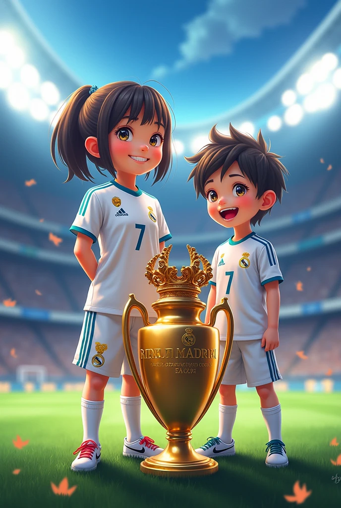 An image with the Real Madrid shirt with the Champions Cup with the number 7 on the back, girl and boy called Irel and Yoni, anime version