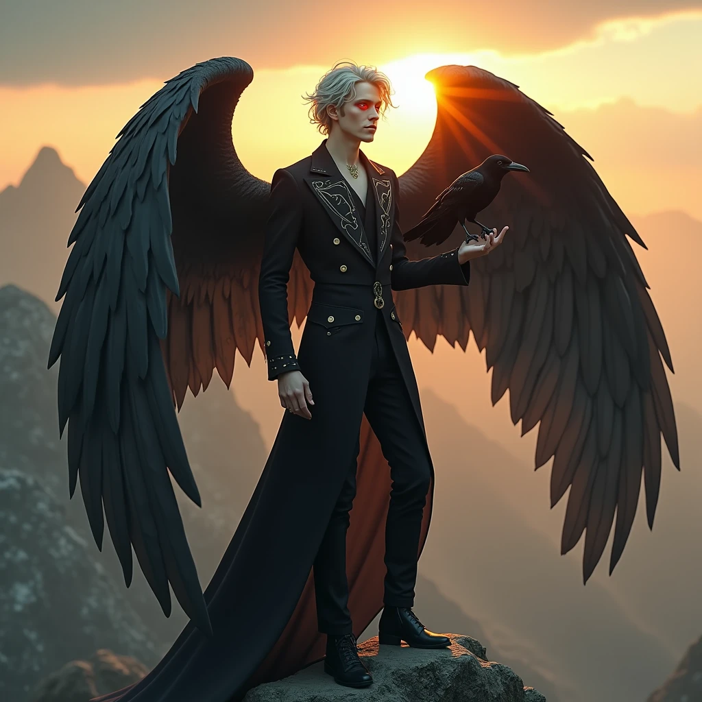 Angel male 30 years old, pale skin, luminescent red eyes, grey hair, big and black bat wings, wearing black suit, with piercings and old tattooed symbols, holding a crow on top of mountain in sunrise., messy hair, Hyperrealism, god rays, glowing light, UHD, anatomically correct, 1080P