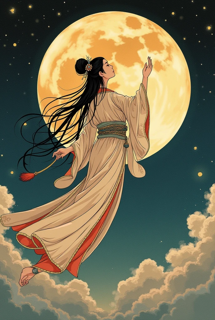 ((best quality)), moon goddess chang'e and a moon behind and ancient Japanese style and flying as if she wanted to reach the moon, One of her hands is raised towards the moon, It must look old, the sleeves of his suit are long , the moon is very far away from her old