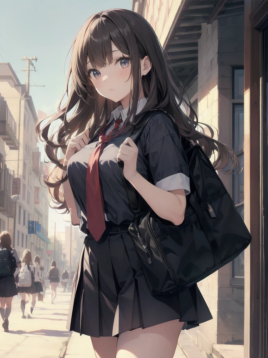 Masterpiece, top quality, super detailed, 16k,
One girl, spring, high school, warm colors, school bag, accurate and highly detailed background, flock of schoolgirls in uniforms of various body shapes and hairstyles, cute.
Blake.

A beautiful girl with wavy crimson hair. she is very well developed