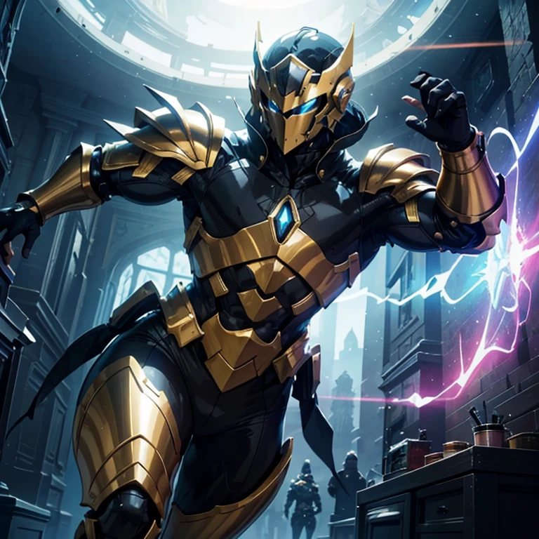 Show the entire body of the male knight. The image presents a highly detailed and futuristic armor designed for a male warrior. The armor combines elements from different parts to create a cohesive and powerful look.

Helmet: The helmet features a sleek, aerodynamic design with a golden metallic finish. It has a central crest that rises upwards, and the visor glows with a bright blue light, giving it a high-tech, futuristic appearance.

Pauldrons (Shoulder Pads): The shoulder pads are large and wing-like, curving outward and upward, with a polished golden finish. These pads extend slightly beyond the shoulders and include a sleek, angular design, providing both a majestic and powerful look.

Chest Plate: The chest plate is intricately segmented, with a combination of gold and dark metallic blue. It has a gem-like crystal in the center that emits a soft, mystical glow. The design of the chest plate is both protective and regal, with sharp, angular lines that add to the overall futuristic aesthetic.

Arm Guards: The arm guards are sleek and streamlined, with articulated golden and purple segments that offer flexibility and protection. The design of the gauntlets is both robust and elegant, incorporating futuristic elements that blend with the classic style.

Leg Armor: The legs are armored with segmented plates that are primarily gold and purple. The boots are angular and sturdy, with a design that conveys both strength and agility. The overall look of the leg armor is grounded yet sleek, completing the ensemble with a powerful stance.

The background of the image is a dark cosmic scene, filled with distant stars and nebulae that highlight the polished surfaces of the armor. Dynamic lighting is used to emphasize the key features, particularly the glowing visor and central chest gem, reinforcing the mystical and imposing nature of the warrior. Show armor helmet.
