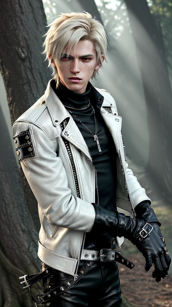 Final fantasy taste and reality graphics, ((Japanese young cute and cool ikemen adult boy)), his age is early 20s, thin eyebrows and beady eyes,  (((he wearing off white color single-brest leather jacket and with epaulet))), ((leather jacket is close all zippers)) , ((jacket collar is high length)), ((jacket is stand-up collar with belts)),((jacket is single-brest and  simple design)), ((also wearing black thick turtleneck polyester shirts)), put on tight black leather pants, (((put on black leather glove))),(((covers full finger))), black leather knee-high raceup boots, head-to-toe,whole body,,((boy is outdoors in midsummer)),((hair is black)),((boy clothes felt too hot)),((boy is very sweating)),((boy be exposed in the strong sunlight))