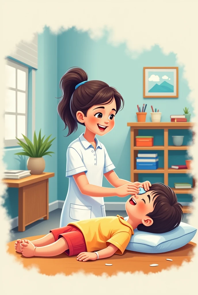 I am looking for an illustration of a student placing warm, wet cloths on the child's forehead, wrists, and neck to help reduce temperature drinking water in a school setting Drawing style: Modern and vector, with smooth, clean lines, and vibrant colors. Cartoonish but realistic. Color: Using a palette of bright and contrasting colors that are pleasant and eye-catching. FORMAT: Illustrations arranged in a book or manual style. This illustration is intended for a guidance and training manual, so it must be clear, accessible and visually appealing."