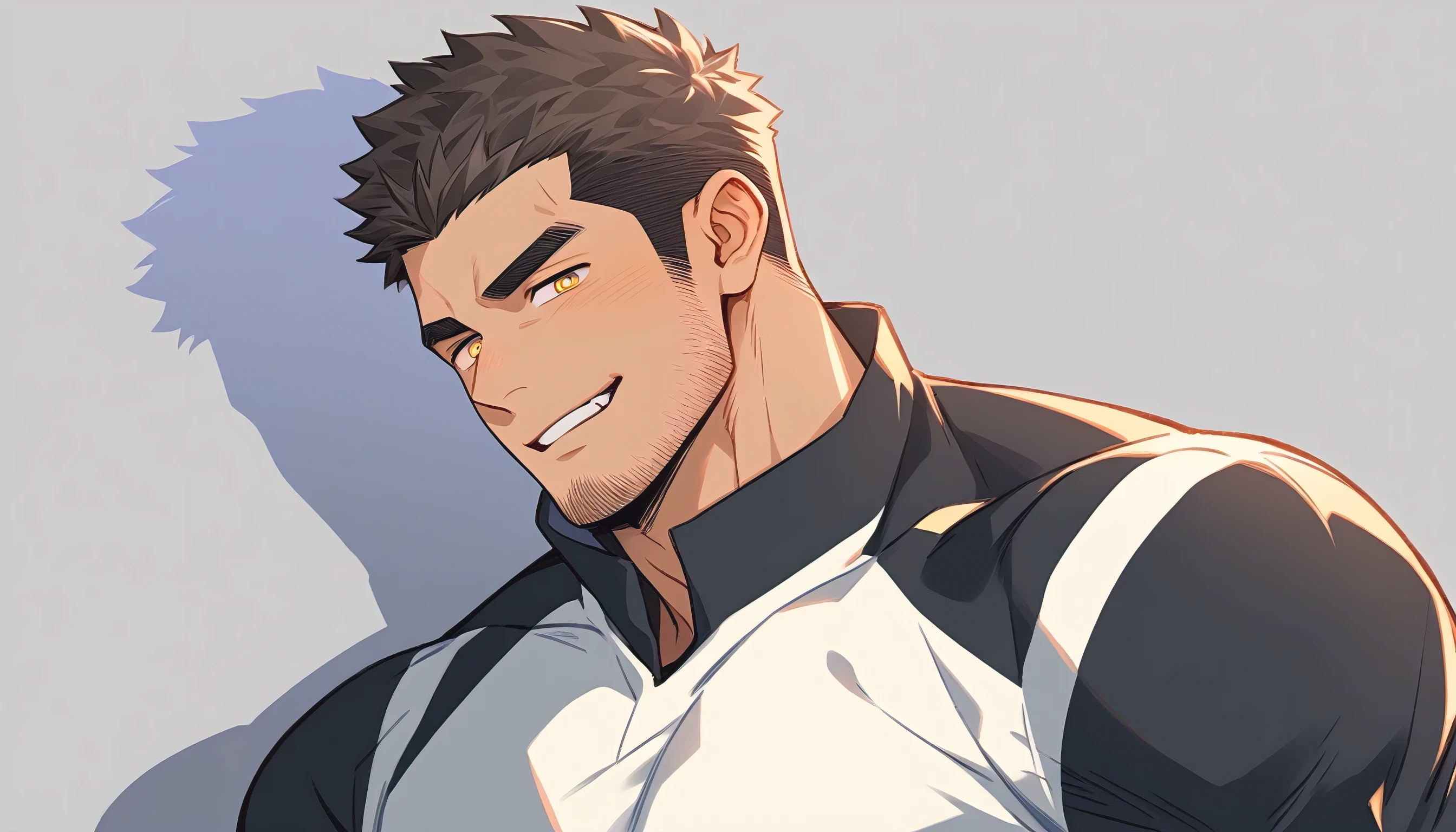 anime characters:Gyee Chris Redfield, Muscle Sports Student, negro black skin, 1 dark skin muscular tough guy, Manliness, male focus, Light yellow high collar long sleeve tight T-shirt, Slightly transparent material, Very tight, Round, full and perky chest muscles, Slightly transparent, muscular male, muscular, only, Upper body, alone, Black short hair, Thick eyebrows, stubble, Yellow eyes, Grey background, simple background, amazing quality, best aesthetics, Ridiculous, bright pupils, crew cut, parted lips, seductive smile, torogao, naughty face, moaning, drop shadow, best quality