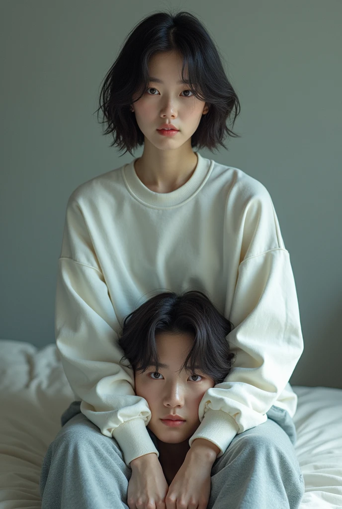 A Korean woman wearing white shirts and gray leggings is sitting on a lying man young korean girl, Idol