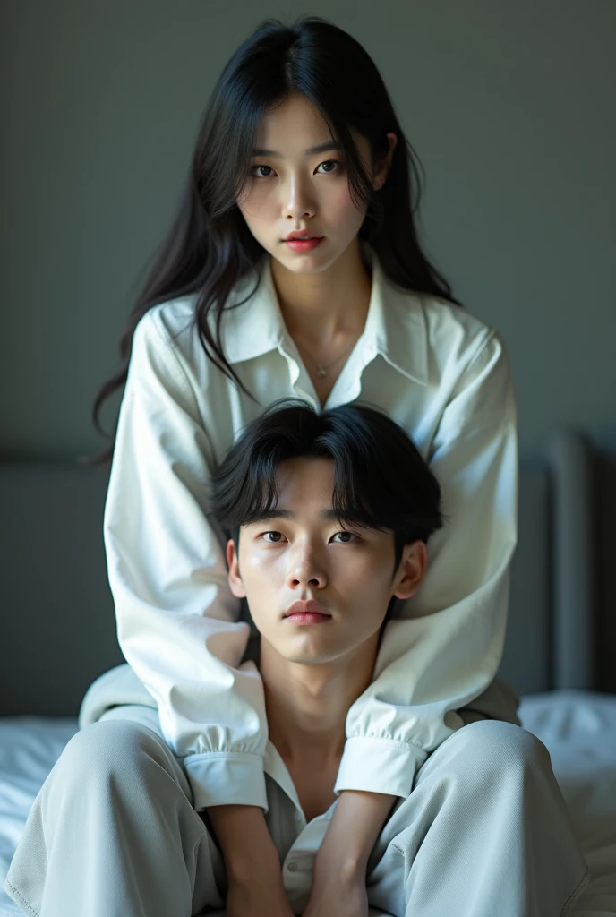 A Korean woman wearing white shirts and gray leggings is sitting on a lying man young korean girl, Idol