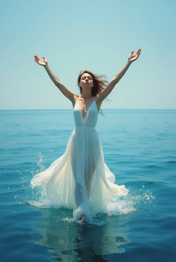 woman in a white dress standing in the ocean with her arms outstretched, by Darek Zabrocki, by Alexey Venetsianov, by Dimitre Manassiev Mehandjiysky, by Alexey Merinov, by Andrei Riabovichev, emerging from the ocean, arms outstretched, arms outstretched